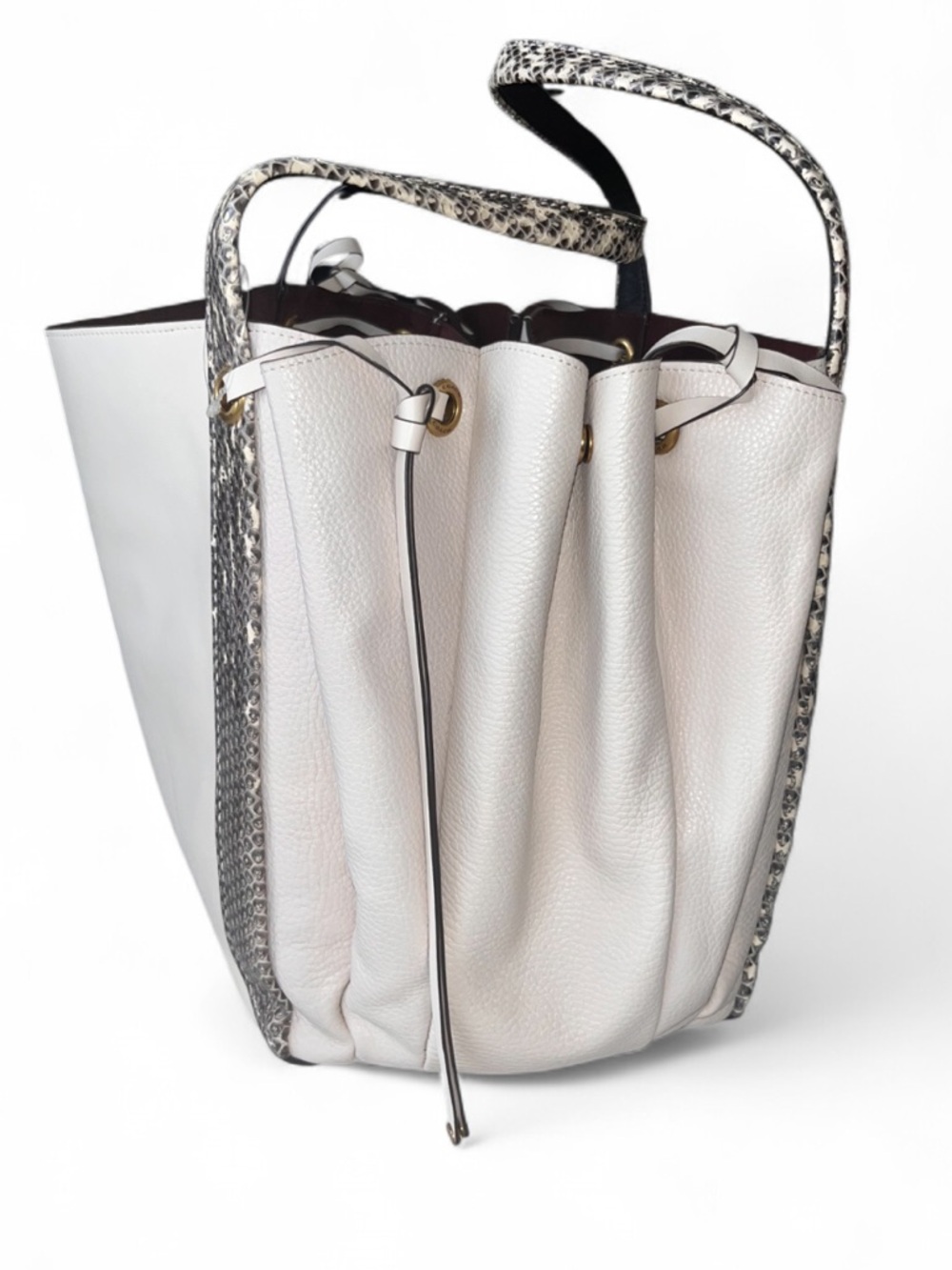 Coach White Pebbled Leather Bucket Tote with Snakeskin-Print Trim